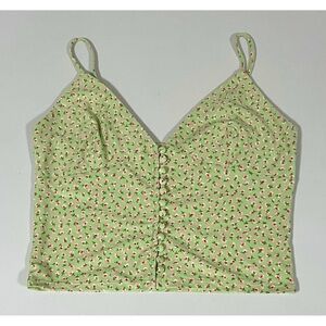 Mint Green Pink Pastel Floral Buttons Button-Up Tank Top Shirt Blouse Size L 🌸✨